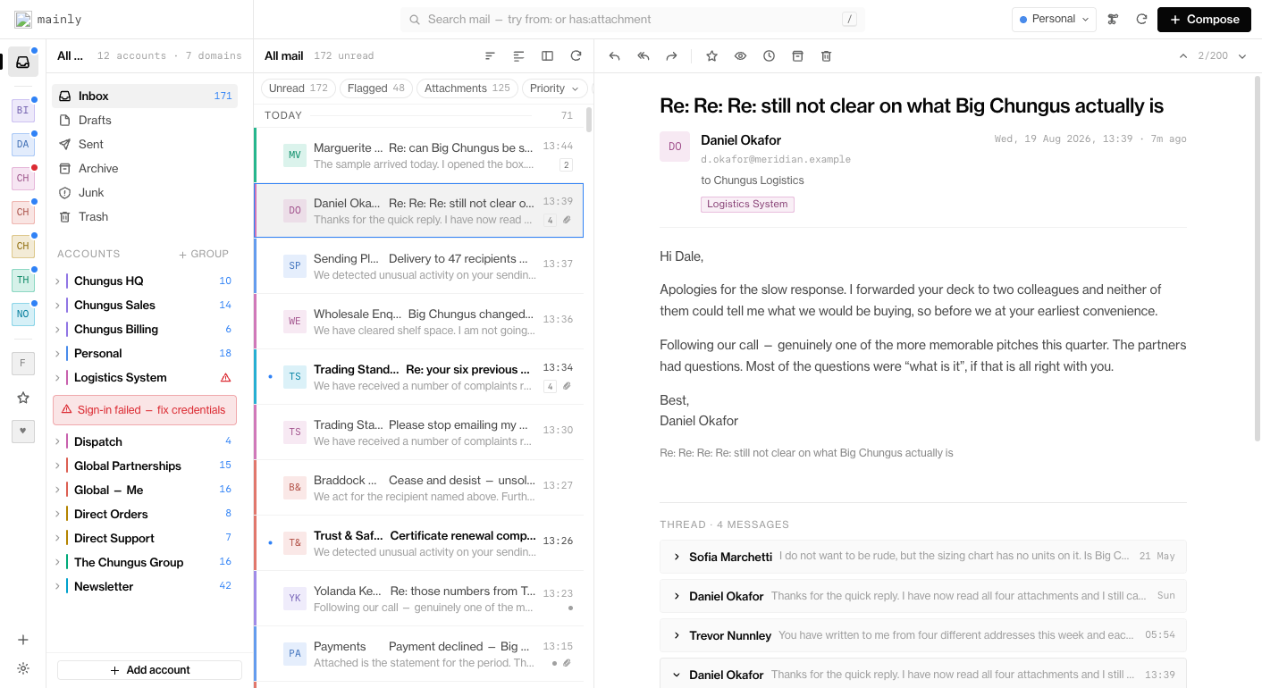 Twelve mailboxes across seven domains in one message list, each row keyed to the domain it belongs to.